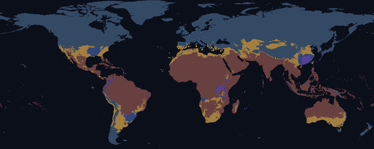 World map for April, land coloured by fit for the Warm preset: good 15 %, too cold 57 %, too hot 24 %, too rainy 3 % and monsoon 1 %. Dots mark 173 destinations, 45 of them fitting.