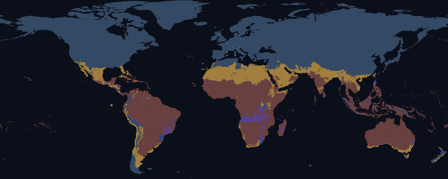 World map for December, land coloured by fit for the Warm preset: good 13 %, too cold 64 %, too hot 19 %, too rainy 1 % and monsoon 2 %. Dots mark 173 destinations, 39 of them fitting.