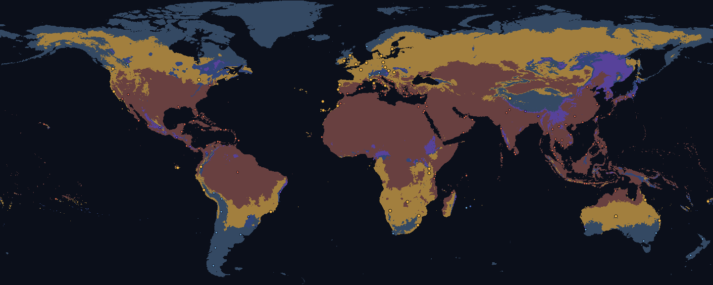 World map for July, land coloured by fit for the Warm preset: good 33 %, too cold 30 %, too hot 30 %, too rainy 3 % and monsoon 3 %. Dots mark 173 destinations, 45 of them fitting.