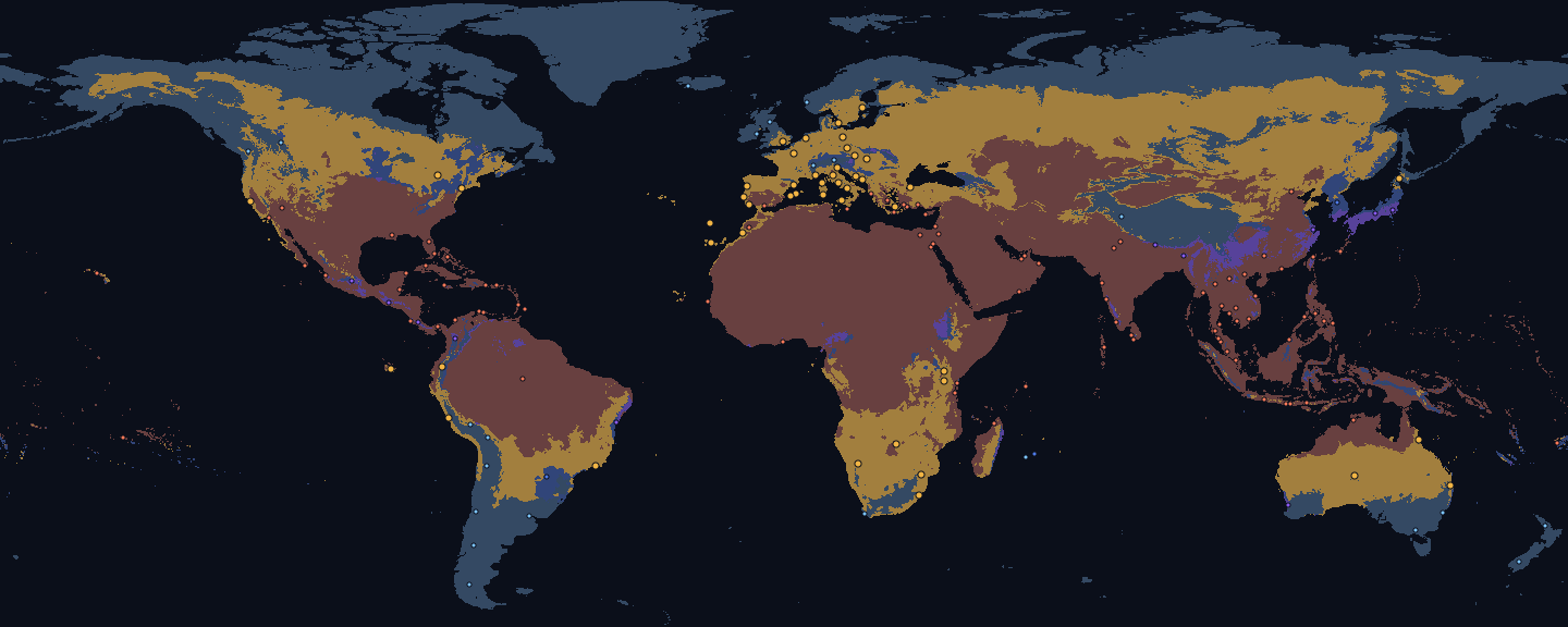 World map for June, land coloured by fit for the Warm preset: good 28 %, too cold 40 %, too hot 27 %, too rainy 3 % and monsoon 1 %. Dots mark 173 destinations, 53 of them fitting.