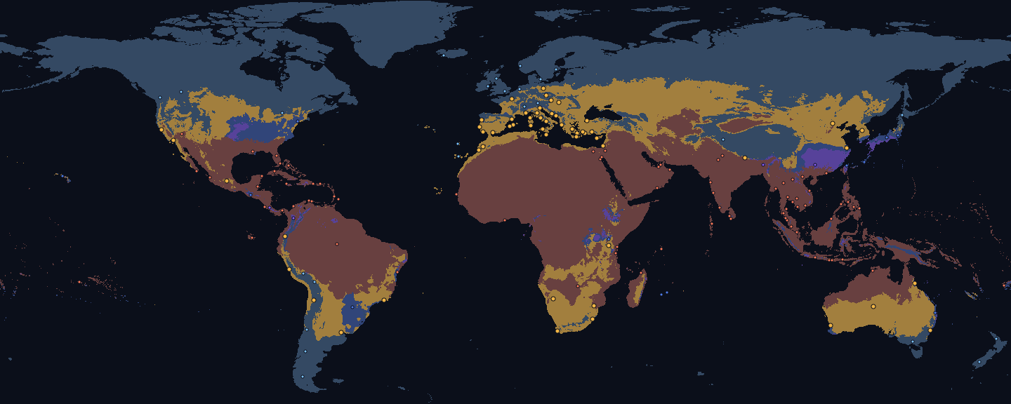 World map for May, land coloured by fit for the Warm preset: good 20 %, too cold 50 %, too hot 25 %, too rainy 3 % and monsoon 1 %. Dots mark 173 destinations, 61 of them fitting.
