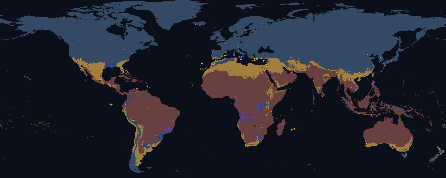 World map for November, land coloured by fit for the Warm preset: good 14 %, too cold 61 %, too hot 21 %, too rainy 2 % and monsoon 1 %. Dots mark 173 destinations, 50 of them fitting.