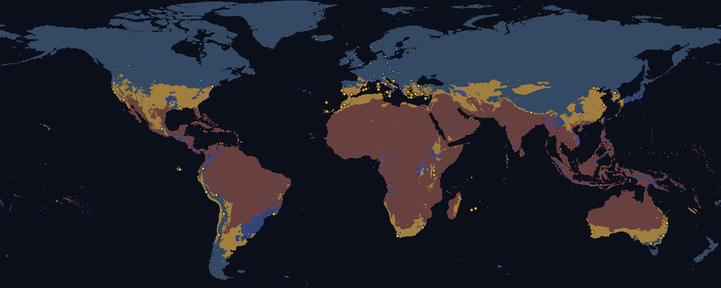 World map for October, land coloured by fit for the Warm preset: good 14 %, too cold 56 %, too hot 26 %, too rainy 3 % and monsoon 1 %. Dots mark 173 destinations, 56 of them fitting.