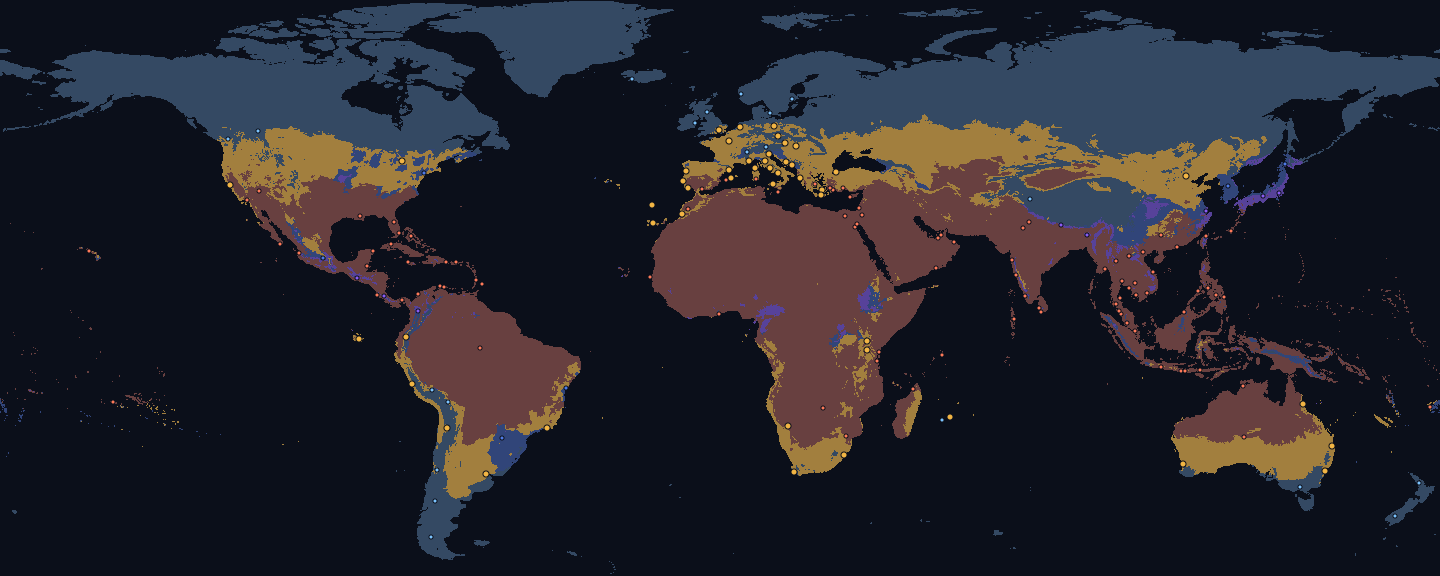 World map for September, land coloured by fit for the Warm preset: good 20 %, too cold 48 %, too hot 27 %, too rainy 3 % and monsoon 2 %. Dots mark 173 destinations, 57 of them fitting.